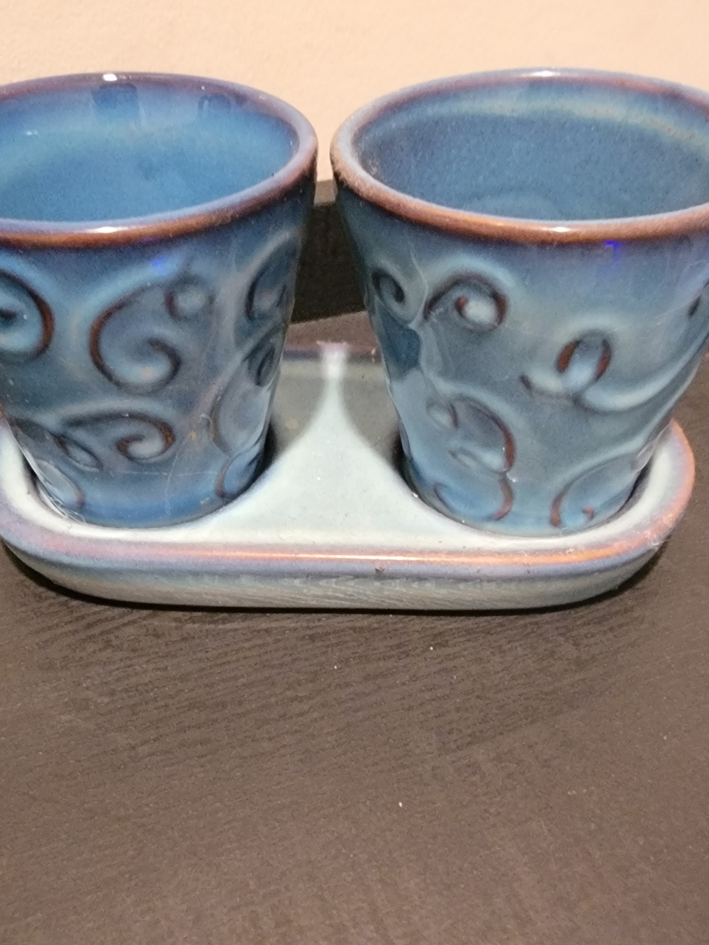 Anthropologie Blue Glazed Ceramic Twin Planters with Swirl Detail